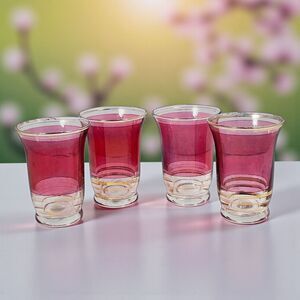 Vintage Cranberry Flash Juice Glasses Set of 4 Red with Gold Bands & Rims